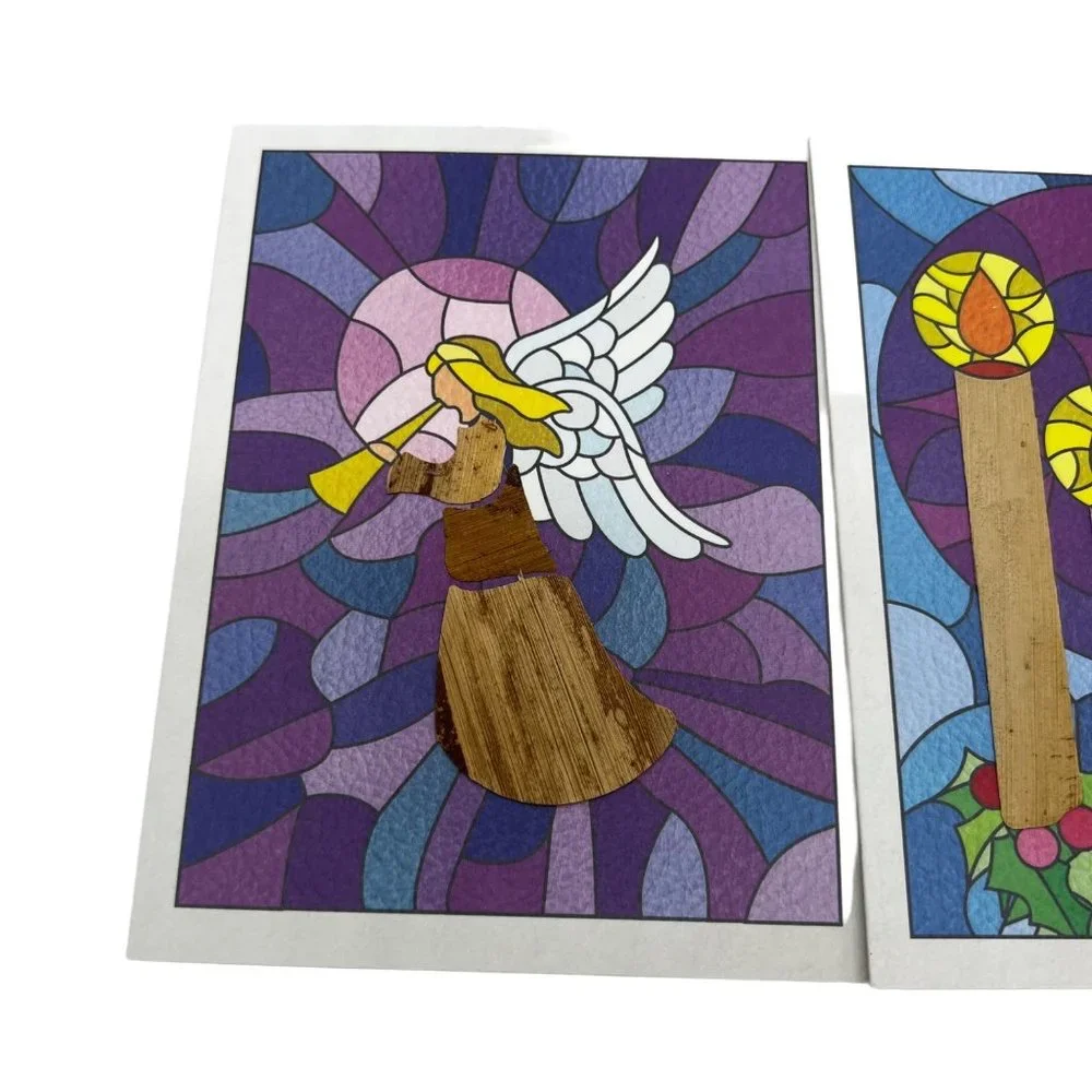 NEW Christmas Greeting Cards Religious Banana Bark Stained Glass Textured Set 5